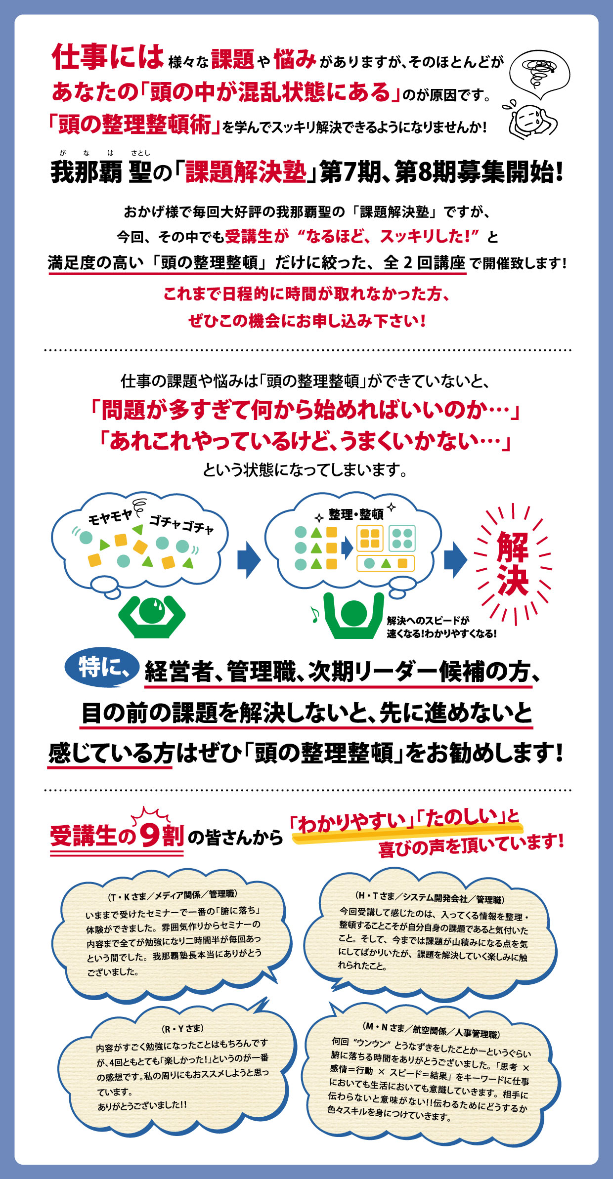 頭の整理整頓術を学んで仕事の課題や悩みをスッキリ解決！「我那覇聖の